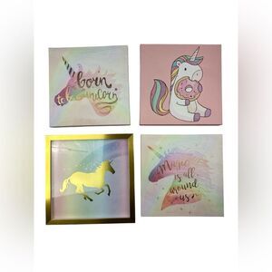 Set of 4 Unicorn Pink Gold Multicolor Donut Children’s Canvas /Framed Wall Art